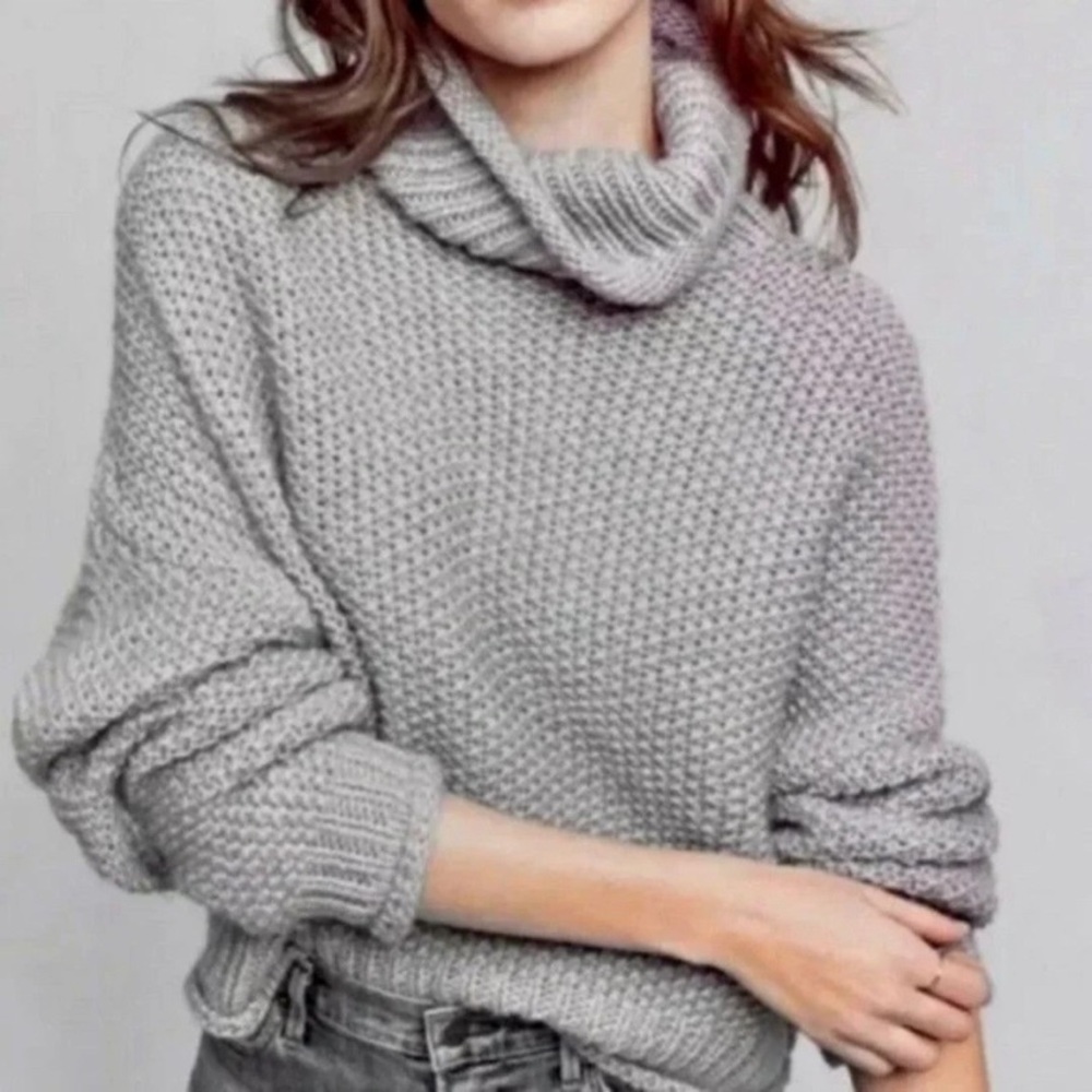 MOTH Gray Chunk Knit Wool Blend Turtleneck Crop Sweater
